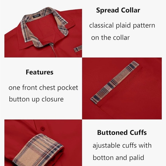 Coofandy Red Long Sleeve  plaid collar Dress Shirt large - Picture 3 of 5